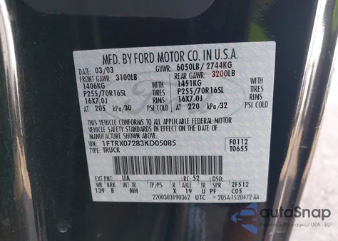 2003 Ford F-150 Xl/Xlt из США, поврежденный, VIN 1FTRX07283KD05085